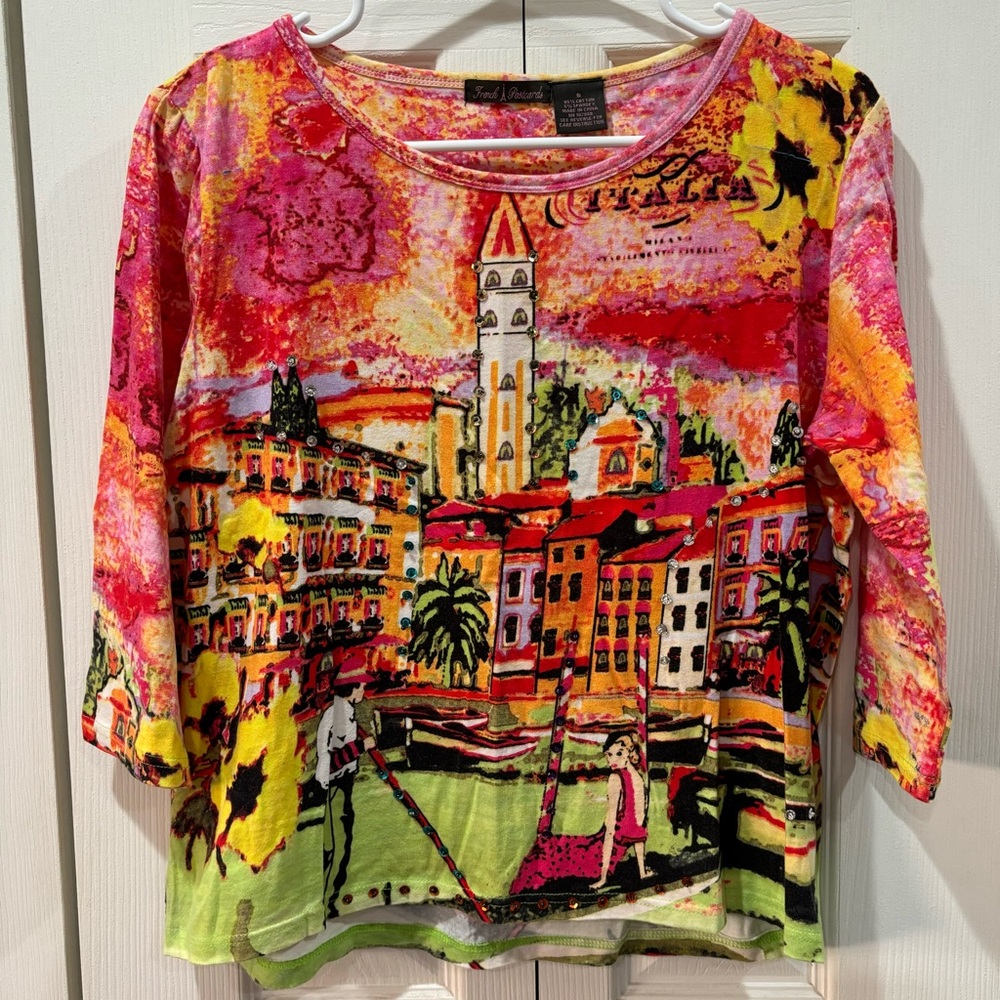 FRENCH POSTCARDS Women’s Handcrafted Vacation Scene 3/4 Sleeve Tee Shirt -size S